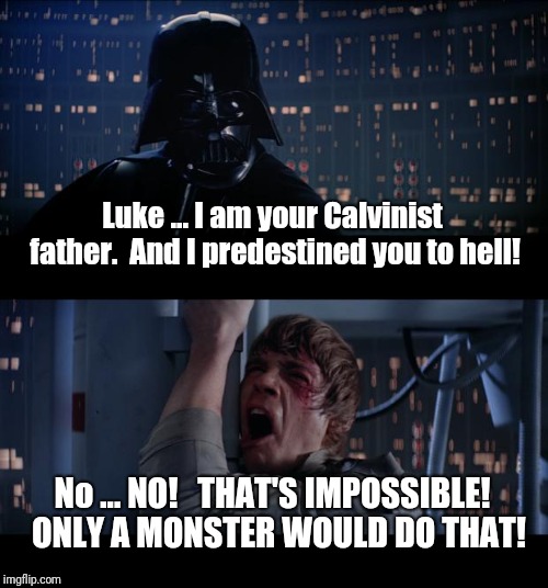Star Wars No Meme | Luke ... I am your Calvinist father.  And I predestined you to hell! No ... NO!   THAT'S IMPOSSIBLE!  ONLY A MONSTER WOULD DO THAT! | image tagged in memes,star wars no | made w/ Imgflip meme maker