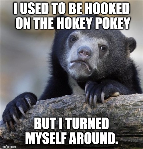 Confession Bear | I USED TO BE HOOKED ON THE HOKEY POKEY; BUT I TURNED MYSELF AROUND. | image tagged in memes,confession bear | made w/ Imgflip meme maker