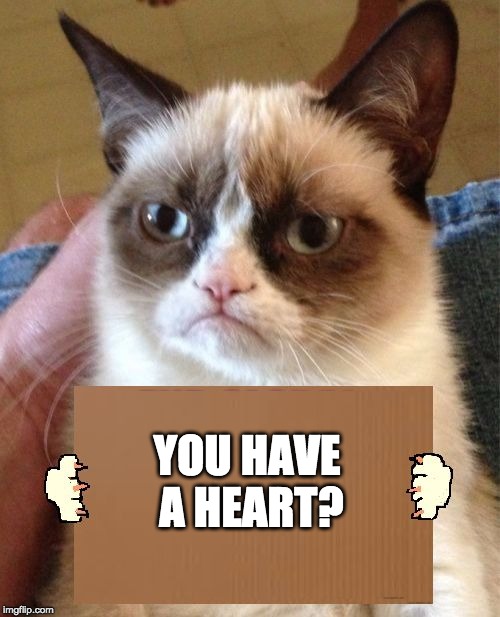 Grumpy Cat Cardboard Sign | YOU HAVE A HEART? | image tagged in grumpy cat cardboard sign | made w/ Imgflip meme maker