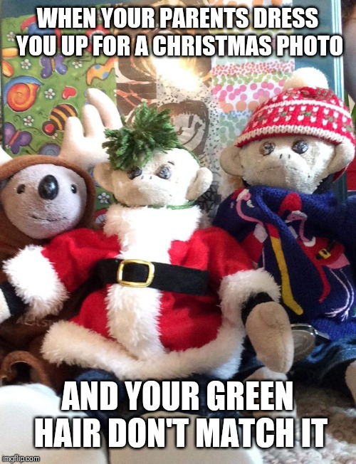 Forced | WHEN YOUR PARENTS DRESS YOU UP FOR A CHRISTMAS PHOTO; AND YOUR GREEN HAIR DON'T MATCH IT | image tagged in forced | made w/ Imgflip meme maker