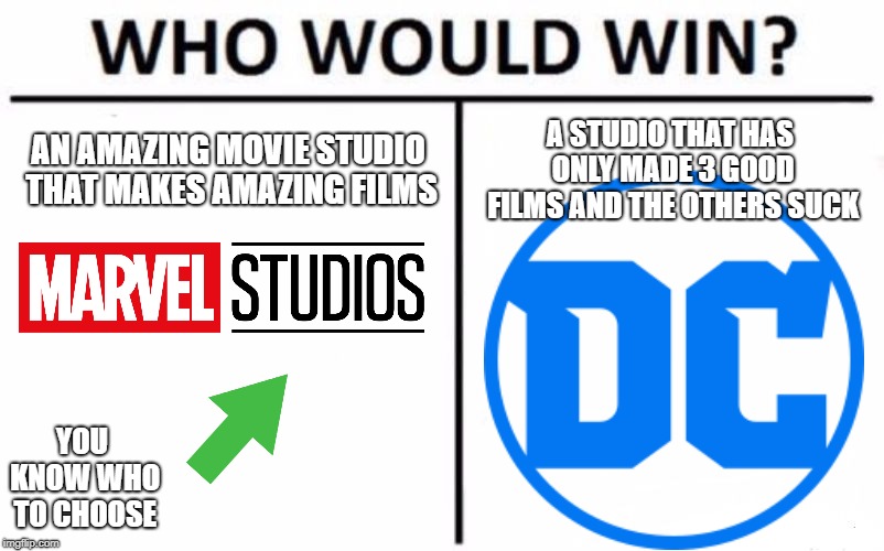 Who Would Win? | AN AMAZING MOVIE STUDIO THAT MAKES AMAZING FILMS; A STUDIO THAT HAS ONLY MADE 3 GOOD FILMS AND THE OTHERS SUCK; YOU KNOW WHO TO CHOOSE | image tagged in memes,who would win | made w/ Imgflip meme maker
