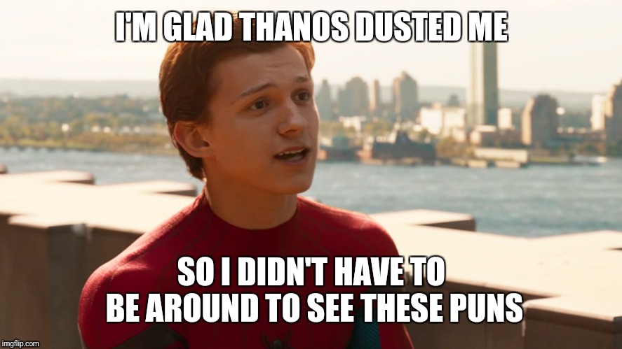 Tom Holland Spider-Man  | I'M GLAD THANOS DUSTED ME SO I DIDN'T HAVE TO BE AROUND TO SEE THESE PUNS | image tagged in tom holland spider-man | made w/ Imgflip meme maker
