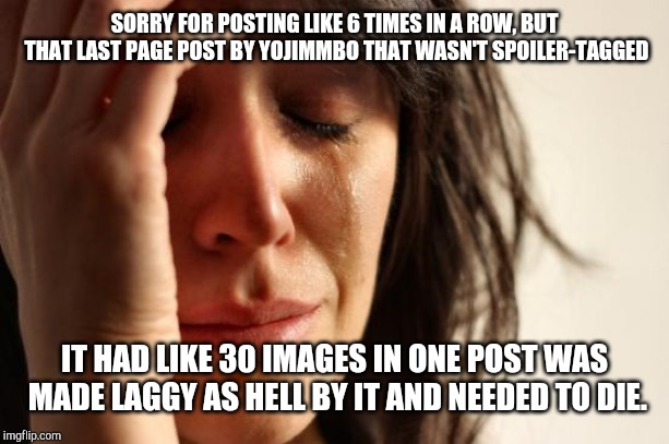 First World Problems Meme | SORRY FOR POSTING LIKE 6 TIMES IN A ROW, BUT THAT LAST PAGE POST BY YOJIMMBO THAT WASN'T SPOILER-TAGGED; IT HAD LIKE 30 IMAGES IN ONE POST WAS MADE LAGGY AS HELL BY IT AND NEEDED TO DIE. | image tagged in memes,first world problems | made w/ Imgflip meme maker
