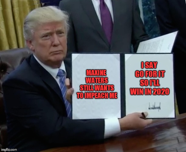 Trump Bill Signing | MAXINE WATERS STILL WANTS TO IMPEACH ME; I SAY GO FOR IT SO I'LL WIN IN 2020 | image tagged in memes,trump bill signing | made w/ Imgflip meme maker