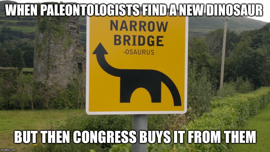 For Stupid signs week ( April 17-23) | WHEN PALEONTOLOGISTS FIND A NEW DINOSAUR; BUT THEN CONGRESS BUYS IT FROM THEM | image tagged in dinosaur,stupid signs week | made w/ Imgflip meme maker