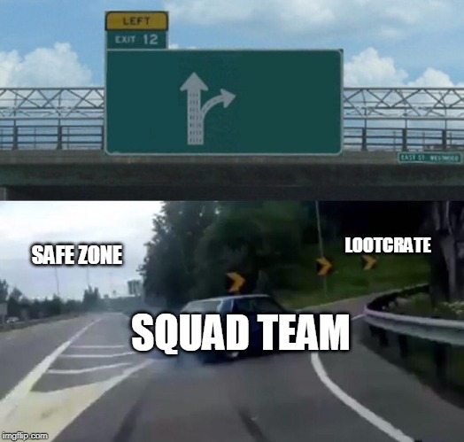 Left Exit 12 Off Ramp Meme | LOOTCRATE; SAFE ZONE; SQUAD TEAM | image tagged in memes,left exit 12 off ramp | made w/ Imgflip meme maker
