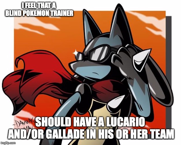 Lucario With Shades | I FEEL THAT A BLIND POKEMON TRAINER; SHOULD HAVE A LUCARIO AND/OR GALLADE IN HIS OR HER TEAM | image tagged in lucario,memes,pokemon,shades | made w/ Imgflip meme maker