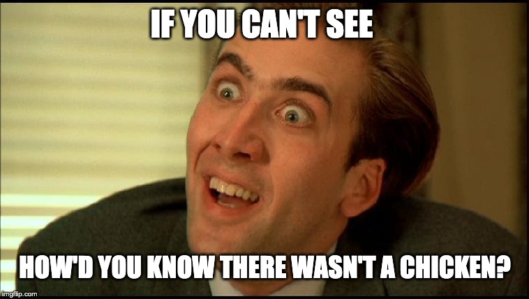 You Don't Say - Nicholas Cage | IF YOU CAN'T SEE HOW'D YOU KNOW THERE WASN'T A CHICKEN? | image tagged in you don't say - nicholas cage | made w/ Imgflip meme maker