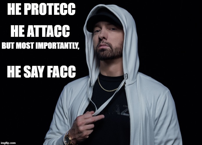 HE ATTACC; HE PROTECC; BUT MOST IMPORTANTLY, HE SAY FACC | image tagged in eminem funny | made w/ Imgflip meme maker