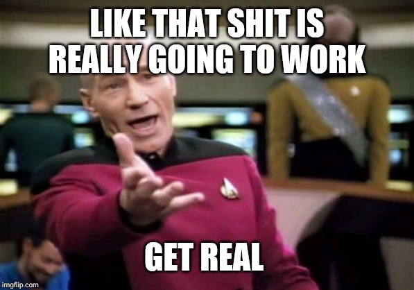 Picard Wtf Meme | LIKE THAT SHIT IS REALLY GOING TO WORK GET REAL | image tagged in memes,picard wtf | made w/ Imgflip meme maker