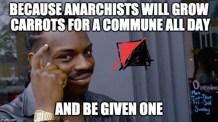 Roll Safe Think About It | BECAUSE ANARCHISTS WILL GROW CARROTS FOR A COMMUNE ALL DAY; AND BE GIVEN ONE | image tagged in memes,roll safe think about it | made w/ Imgflip meme maker