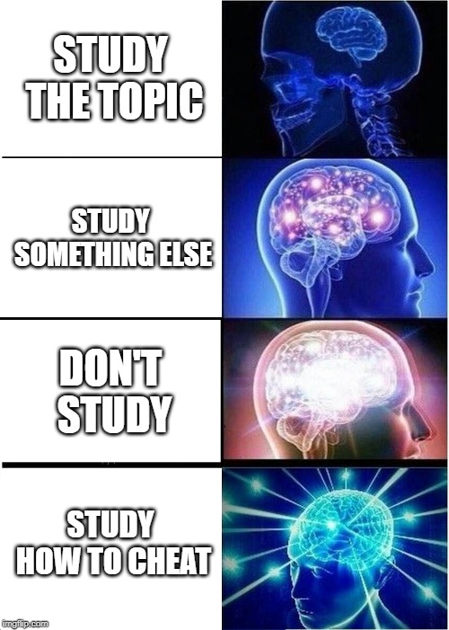 Expanding Brain | STUDY THE TOPIC; STUDY SOMETHING ELSE; DON'T STUDY; STUDY HOW TO CHEAT | image tagged in memes,expanding brain | made w/ Imgflip meme maker