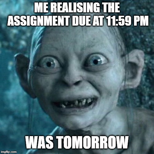 Gollum Meme | ME REALISING THE ASSIGNMENT DUE AT 11:59 PM; WAS TOMORROW | image tagged in memes,gollum | made w/ Imgflip meme maker