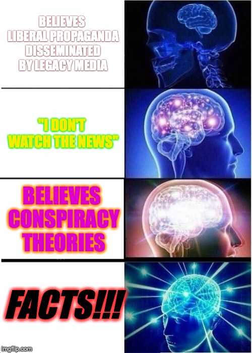 Too easy to tell them apart | BELIEVES LIBERAL PROPAGANDA DISSEMINATED BY LEGACY MEDIA; "I DON'T WATCH THE NEWS"; BELIEVES CONSPIRACY THEORIES; FACTS!!! | image tagged in memes,expanding brain | made w/ Imgflip meme maker