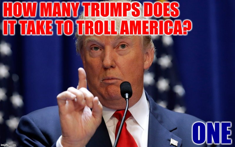 One Trump to Troll Them All | HOW MANY TRUMPS DOES IT TAKE TO TROLL AMERICA? ONE | image tagged in donald trump,trolling,funny trump meme,politics lol,trolls,jokes | made w/ Imgflip meme maker