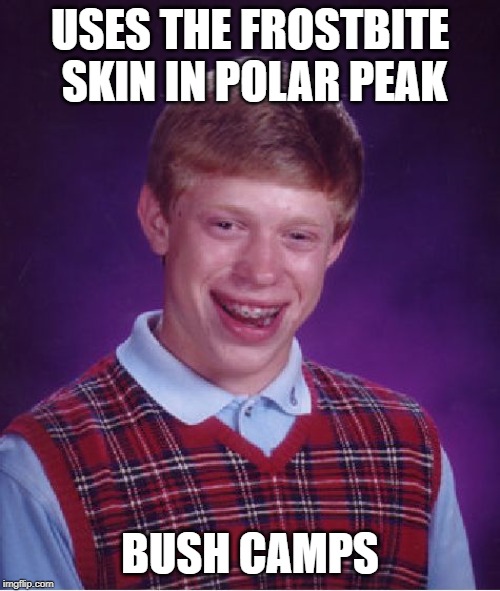 An actually good fortnite meme | USES THE FROSTBITE SKIN IN POLAR PEAK; BUSH CAMPS | image tagged in memes,bad luck brian | made w/ Imgflip meme maker