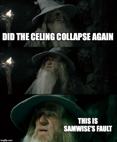 Confused Gandalf Meme | DID THE CELING COLLAPSE AGAIN; THIS IS SAMWISE'S FAULT | image tagged in memes,confused gandalf | made w/ Imgflip meme maker