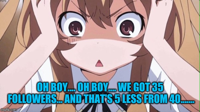 Yay! Wow... We did it.... | OH BOY.... OH BOY.... WE GOT 35 FOLLOWERS... AND THAT'S 5 LESS FROM 40....... | image tagged in anime realization,anime,this calls for a celebration | made w/ Imgflip meme maker