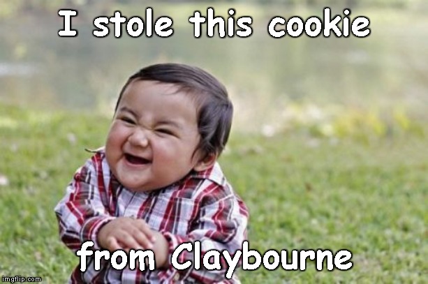 Evil Toddler Meme | I stole this cookie from Claybourne | image tagged in memes,evil toddler | made w/ Imgflip meme maker