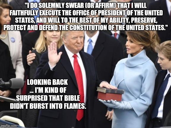 Demon Spawn | "I DO SOLEMNLY SWEAR (OR AFFIRM) THAT I WILL FAITHFULLY EXECUTE THE OFFICE OF PRESIDENT OF THE UNITED STATES, AND WILL TO THE BEST OF MY ABILITY, PRESERVE, PROTECT AND DEFEND THE CONSTITUTION OF THE UNITED STATES."; LOOKING BACK ... I'M KIND OF SURPRISED THAT BIBLE DIDN'T BURST INTO FLAMES. | image tagged in obstruction of justice,obstruction,lock him up,trump unfit unqualified dangerous,deplorable donald,memes | made w/ Imgflip meme maker