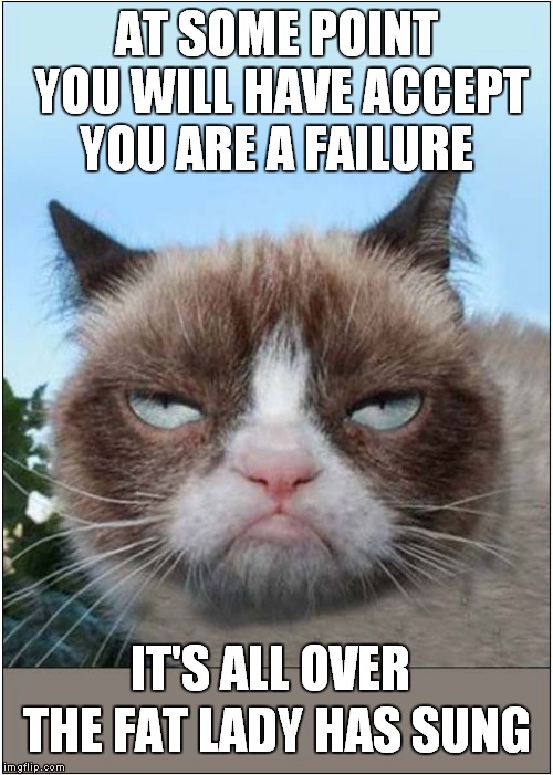 Grumpy Says It's Over - The Fat Lady Has Sung | AT SOME POINT YOU WILL HAVE ACCEPT YOU ARE A FAILURE; IT'S ALL OVER; THE FAT LADY HAS SUNG | image tagged in cats,grumpy cat | made w/ Imgflip meme maker