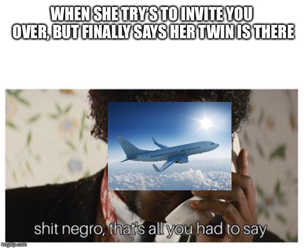 shit negro | WHEN SHE TRY’S TO INVITE YOU OVER, BUT FINALLY SAYS HER TWIN IS THERE | image tagged in shit negro | made w/ Imgflip meme maker