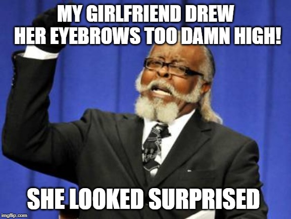 Too Damn High | MY GIRLFRIEND DREW HER EYEBROWS TOO DAMN HIGH! SHE LOOKED SURPRISED | image tagged in memes,too damn high | made w/ Imgflip meme maker