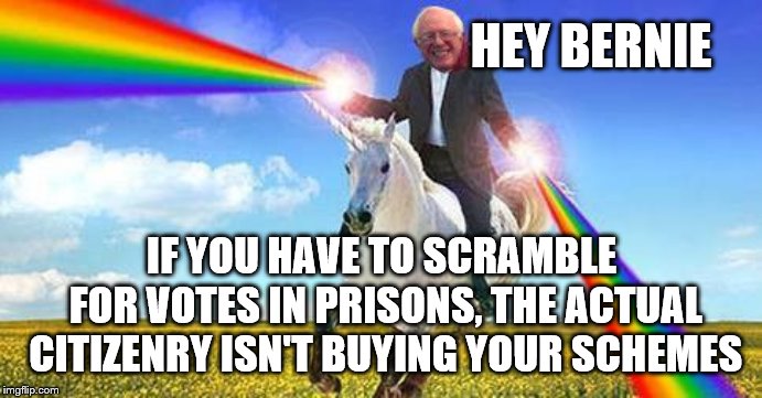 Bernie Sanders on magical unicorn | HEY BERNIE; IF YOU HAVE TO SCRAMBLE FOR VOTES IN PRISONS, THE ACTUAL CITIZENRY ISN'T BUYING YOUR SCHEMES | image tagged in bernie sanders on magical unicorn | made w/ Imgflip meme maker