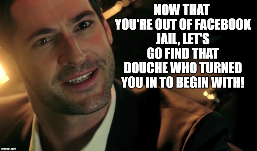 Lucifer FOX | NOW THAT YOU'RE OUT OF FACEBOOK JAIL, LET'S GO FIND THAT DOUCHE WHO TURNED YOU IN TO BEGIN WITH! | image tagged in lucifer fox | made w/ Imgflip meme maker