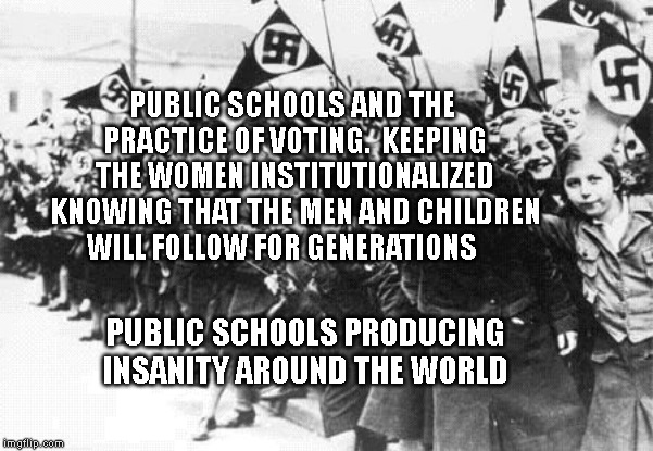 Nazis | PUBLIC SCHOOLS AND THE PRACTICE OF VOTING.  KEEPING THE WOMEN INSTITUTIONALIZED KNOWING THAT THE MEN AND CHILDREN WILL FOLLOW FOR GENERATIONS; PUBLIC SCHOOLS PRODUCING INSANITY AROUND THE WORLD | image tagged in nazis | made w/ Imgflip meme maker