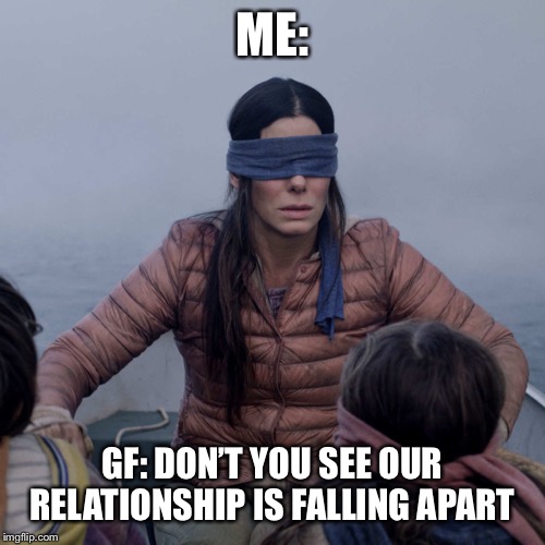 just why... | ME:; GF: DON’T YOU SEE OUR RELATIONSHIP IS FALLING APART | image tagged in memes,bird box | made w/ Imgflip meme maker