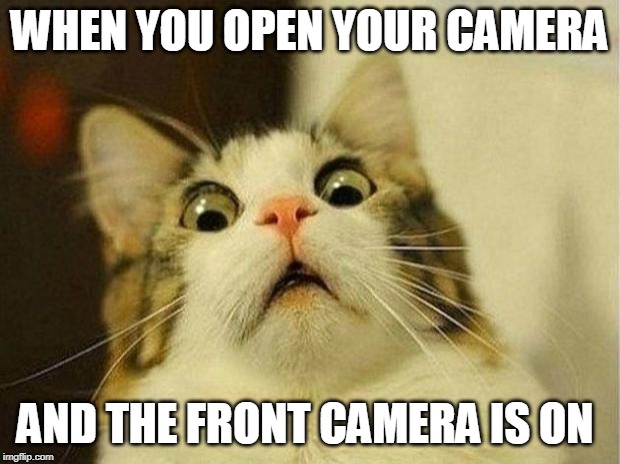Scared Cat | WHEN YOU OPEN YOUR CAMERA; AND THE FRONT CAMERA IS ON | image tagged in memes,scared cat | made w/ Imgflip meme maker