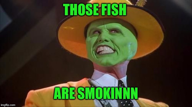 Jim Carrey The Mask | THOSE FISH ARE SMOKINNN | image tagged in jim carrey the mask | made w/ Imgflip meme maker