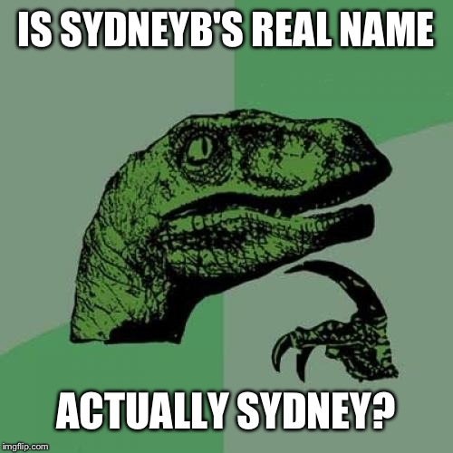 Philosoraptor | IS SYDNEYB'S REAL NAME; ACTUALLY SYDNEY? | image tagged in memes,philosoraptor | made w/ Imgflip meme maker