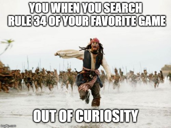 Jack Sparrow Being Chased Meme | YOU WHEN YOU SEARCH RULE 34 OF YOUR FAVORITE GAME; OUT OF CURIOSITY | image tagged in memes,jack sparrow being chased | made w/ Imgflip meme maker