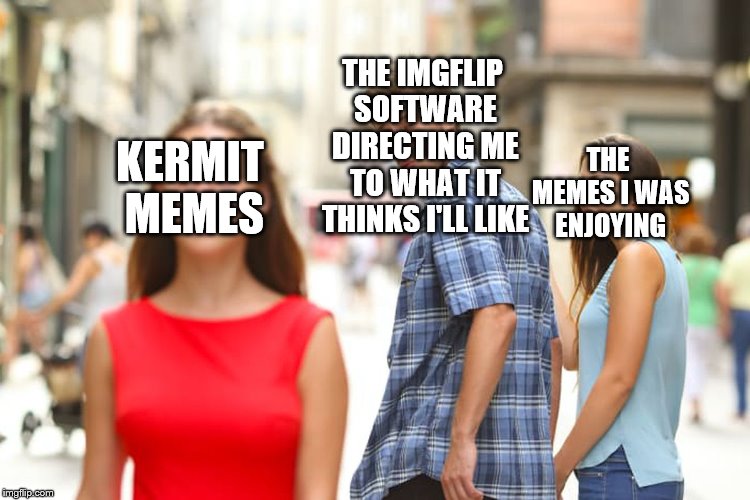 Distracted Boyfriend Meme | KERMIT MEMES THE IMGFLIP SOFTWARE DIRECTING ME TO WHAT IT THINKS I'LL LIKE THE MEMES I WAS ENJOYING | image tagged in memes,distracted boyfriend | made w/ Imgflip meme maker