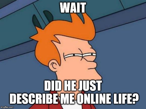 Futurama Fry Meme | WAIT DID HE JUST DESCRIBE ME ONLINE LIFE? | image tagged in memes,futurama fry | made w/ Imgflip meme maker