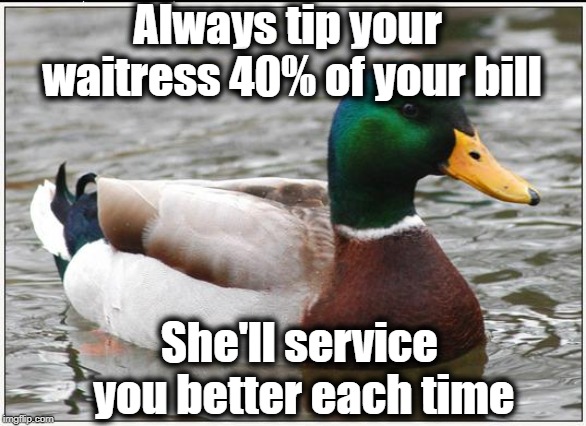 And it'll help you feel good, as well | Always tip your waitress 40% of your bill; She'll service you better each time | image tagged in memes,actual advice mallard | made w/ Imgflip meme maker