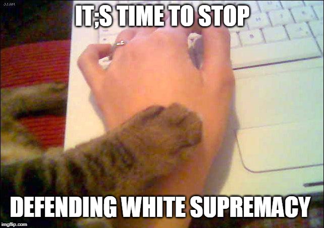 Time to stop cat | IT;S TIME TO STOP; DEFENDING WHITE SUPREMACY | image tagged in time to stop cat | made w/ Imgflip meme maker