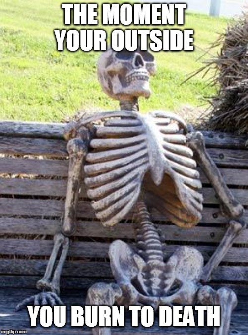 Waiting Skeleton | THE MOMENT YOUR OUTSIDE; YOU BURN TO DEATH | image tagged in memes,waiting skeleton | made w/ Imgflip meme maker