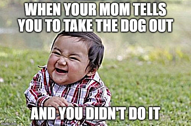 Evil Toddler Meme | WHEN YOUR MOM TELLS YOU TO TAKE THE DOG OUT; AND YOU DIDN'T DO IT | image tagged in memes,evil toddler | made w/ Imgflip meme maker