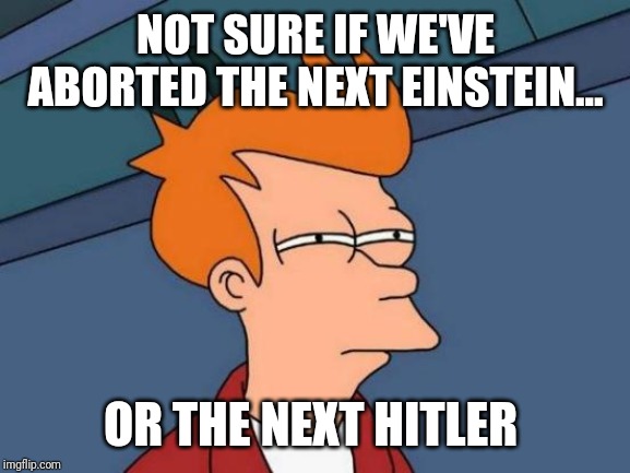 Futurama Fry Meme | NOT SURE IF WE'VE ABORTED THE NEXT EINSTEIN... OR THE NEXT HITLER | image tagged in memes,futurama fry | made w/ Imgflip meme maker