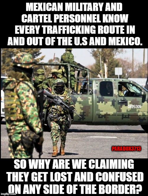 When politically based cover stories don't fool anyone. | MEXICAN MILITARY AND CARTEL PERSONNEL KNOW EVERY TRAFFICKING ROUTE IN AND OUT OF THE U.S AND MEXICO. PARADOX3713; SO WHY ARE WE CLAIMING THEY GET LOST AND CONFUSED ON ANY SIDE OF THE BORDER? | image tagged in memes,mexico,military,illegal immigration,drugs,human trafficking | made w/ Imgflip meme maker