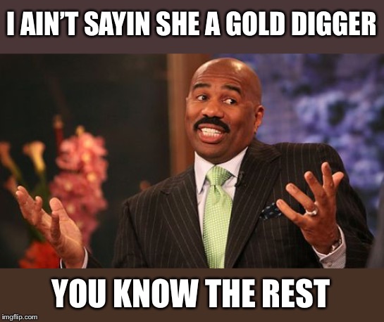 Steve Harvey Meme | I AIN’T SAYIN SHE A GOLD DIGGER YOU KNOW THE REST | image tagged in memes,steve harvey | made w/ Imgflip meme maker