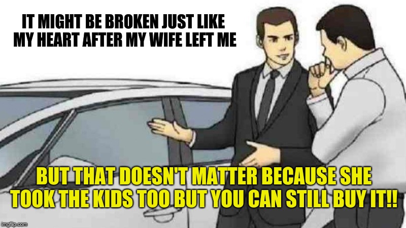 Car Salesman Slaps Roof Of Car | IT MIGHT BE BROKEN JUST LIKE MY HEART AFTER MY WIFE LEFT ME; BUT THAT DOESN'T MATTER BECAUSE SHE TOOK THE KIDS TOO BUT YOU CAN STILL BUY IT!! | image tagged in memes,car salesman slaps roof of car | made w/ Imgflip meme maker