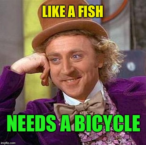 Creepy Condescending Wonka Meme | LIKE A FISH NEEDS A BICYCLE | image tagged in memes,creepy condescending wonka | made w/ Imgflip meme maker