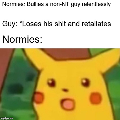 Surprised Pikachu Meme | Normies: Bullies a non-NT guy relentlessly; Guy: *Loses his shit and retaliates; Normies: | image tagged in memes,surprised pikachu | made w/ Imgflip meme maker