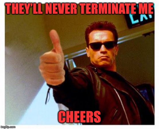terminator thumbs up | THEY’LL NEVER TERMINATE ME CHEERS | image tagged in terminator thumbs up | made w/ Imgflip meme maker