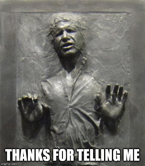 Han Solo Frozen Carbonite | THANKS FOR TELLING ME | image tagged in han solo frozen carbonite | made w/ Imgflip meme maker