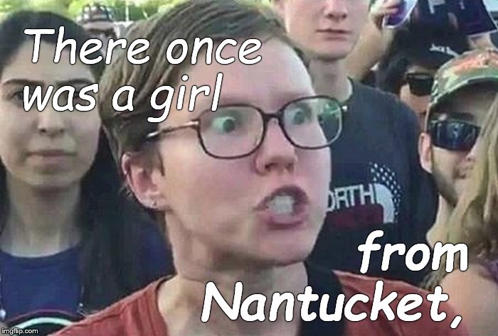 Everyone knows how this poem goes, right? Well, except for people with no sense of humor . . . Quick, where's the camera? | There once was a girl; from Nantucket, | image tagged in triggered liberal,sense of humor,sixth sense,or seventh,perhaps,douglie | made w/ Imgflip meme maker